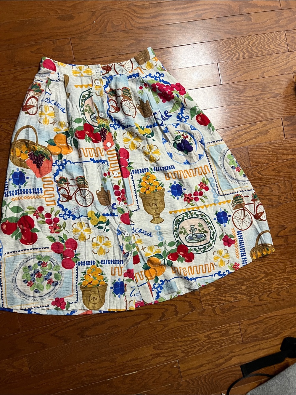 Zara White A-Line Skirt with Multicolor Fruit & Floral Print